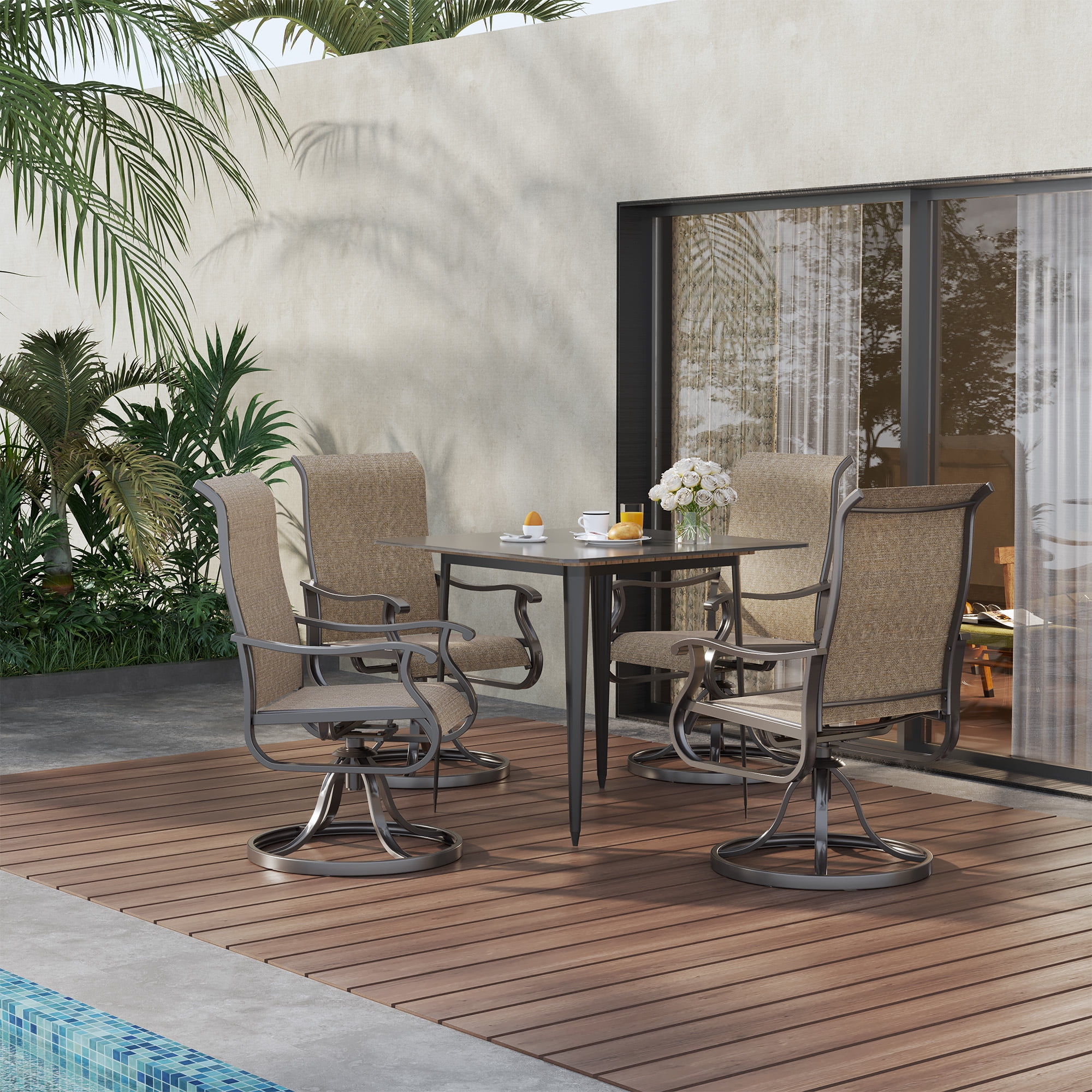 ECOPATIO Patio Swivel Chairs Set of 2, Outdoor Dining Chairs High Back All Weather Breathable Textilene Outdoor Swivel Chairs with Metal Rocking Frame for Lawn Garden Backyard Deck, Khaki