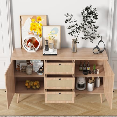 Rattan Sideboard Buffet Cabinet Boho Rattan Storage Cabinet with 2 Doors and 3 Drawers Accent Cupboard Console Table with Adjustable Shelves for Dining Living Room Kitchen
