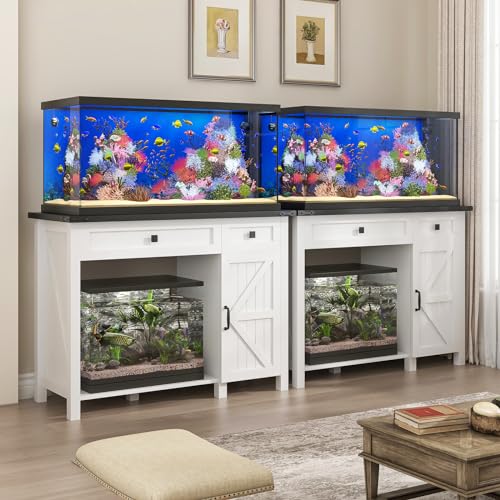 40 Gallon Aquarium Stand With Charging Station, Farmhouse Fish Tank Stand, Reptile Tank Stand Terrarium Stand with Drawer and Cabinet Storage, Sturdy Heavy Duty 41.9"×18.3" Tabletop - White