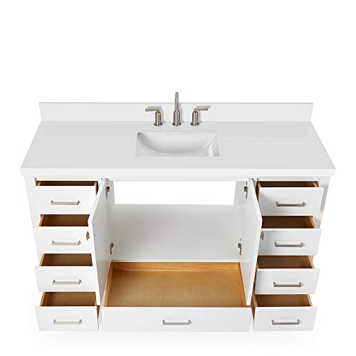 ARIEL 61" White Bathroom Vanity with 1.5" Edge Italian Carrara Marble Countertop & Backsplash, Center Rectangular Sink, 2 Soft Closing Doors, 9 Full Extension Dovetail Drawers, Brushed Nickel