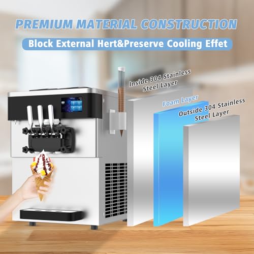 Commercial Ice Cream Maker Machine 2450W Soft Serve Ice Cream Machine 5.3 to 7.4 Gal/H 3 Flavors 110V Ice Cream Machine with Pre-cooling, Auto Clean,LCD Panel for Snack Bar Restaurants