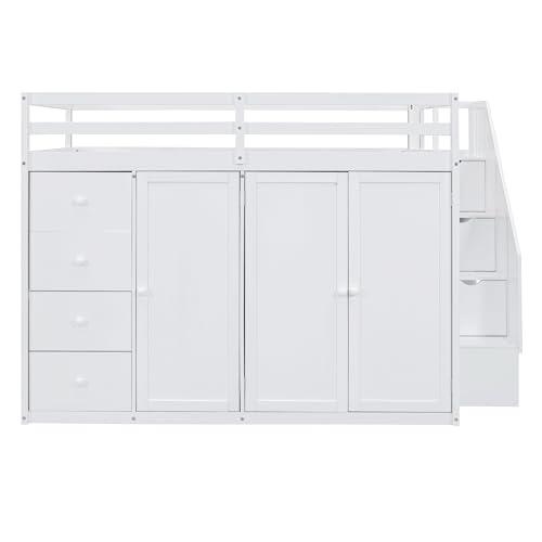 Full Size Loft Bed with Stairs and Wardrobe, Wood Loft Bed Frame with Storage Cabinet, Open Closet and Drawers, Adults Loft Beds with Hanging Rod & Shelves for Kids, Teen, Gray