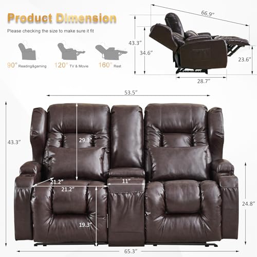 IPKIG 65.3" RV Loveseat Recliner - Faux Leather Manual Reclining Loveseat with Console, Cup Holders, Lumbar Pillow for Living Room, Bedroom, RV, Home Theater - RV Recliners Chair (Beige)