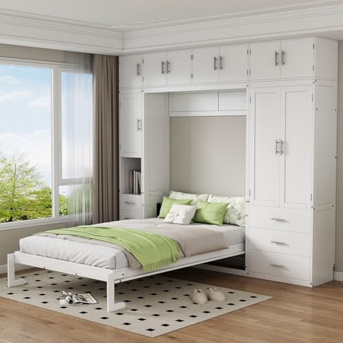 Merax Full Size Murphy Bed Cabinet with Lockers and Storage Wardrobes Shelves, Wood Foldable Hidden Wall Platform Bedframe Chest for Home, Bedroom, Office, Small Room, Apartment