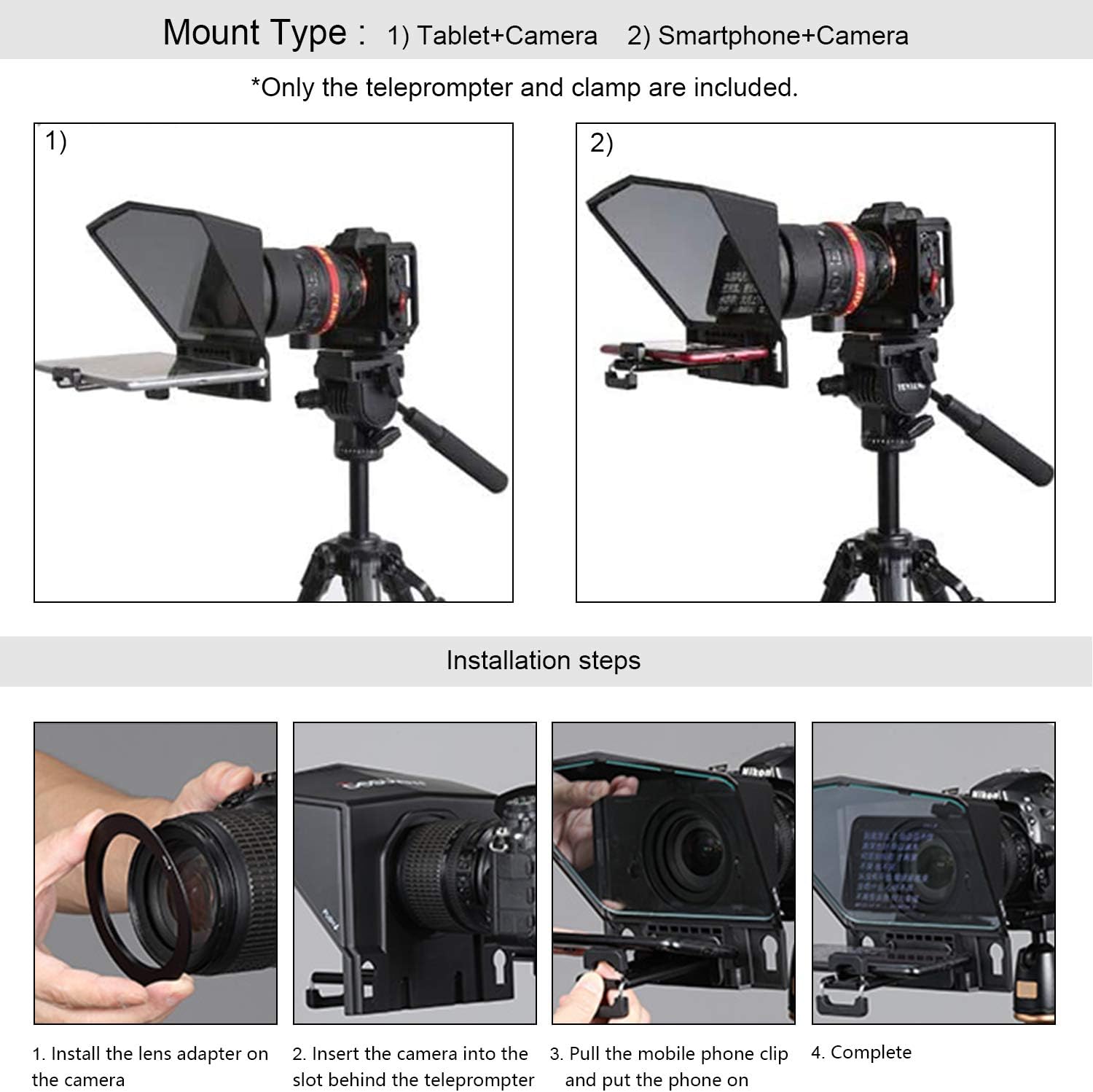 Spolehli Teleprompter TMP Adjustable Teleprompter 3.94''/7.87'' with HD Glass & Remote No Assembly Required (Kit 1:T2 teleprompter (for Phone&Camera))