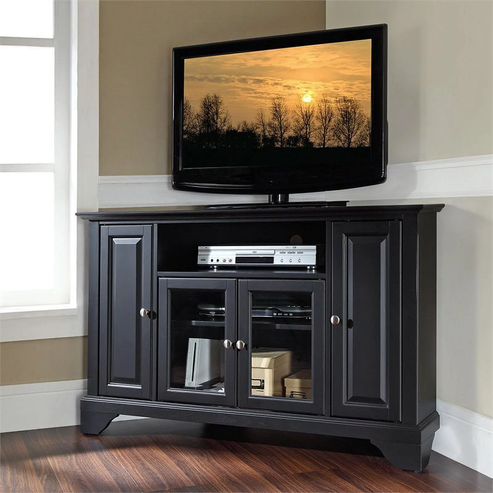 Pemberly Row 48" Corner TV Stand in Black