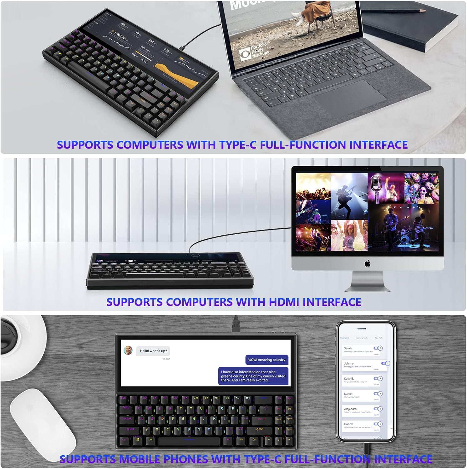 Ficihp Mechanical Keyboard, Built-in 12.6 Inch Touchscreen, Compact 71 Keys RGB LED Backlit N-Key Multifunctional Split Screen Keyboard for Mac Windows Android - Black