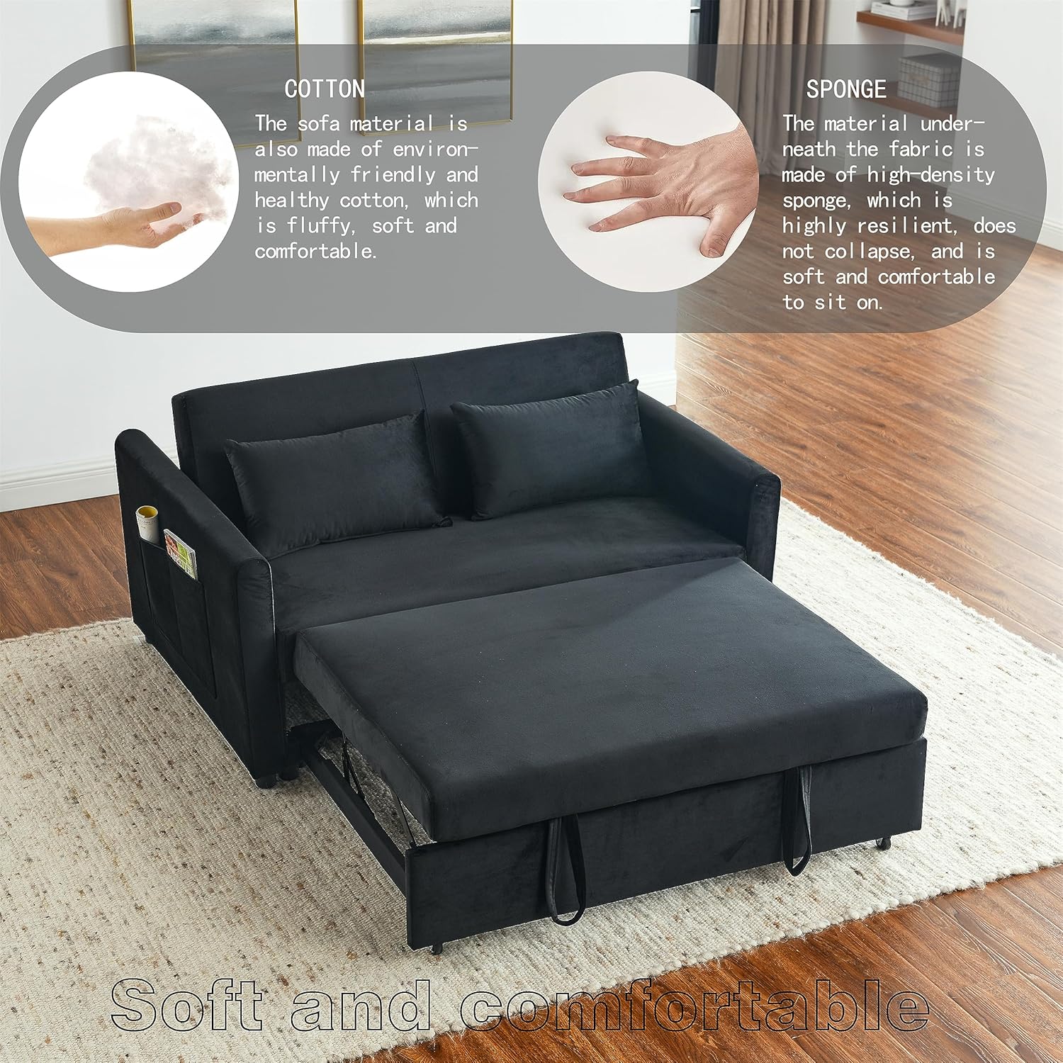 54 Inch Convertible Sleeper Sofa, 3-in-1 Versatile Velvet Loveseat with Pullout Bed, Couch with Adjustable Backrest, Lumbar Pillows and Side Pockets for Living Room Bedroom Apartment, Black