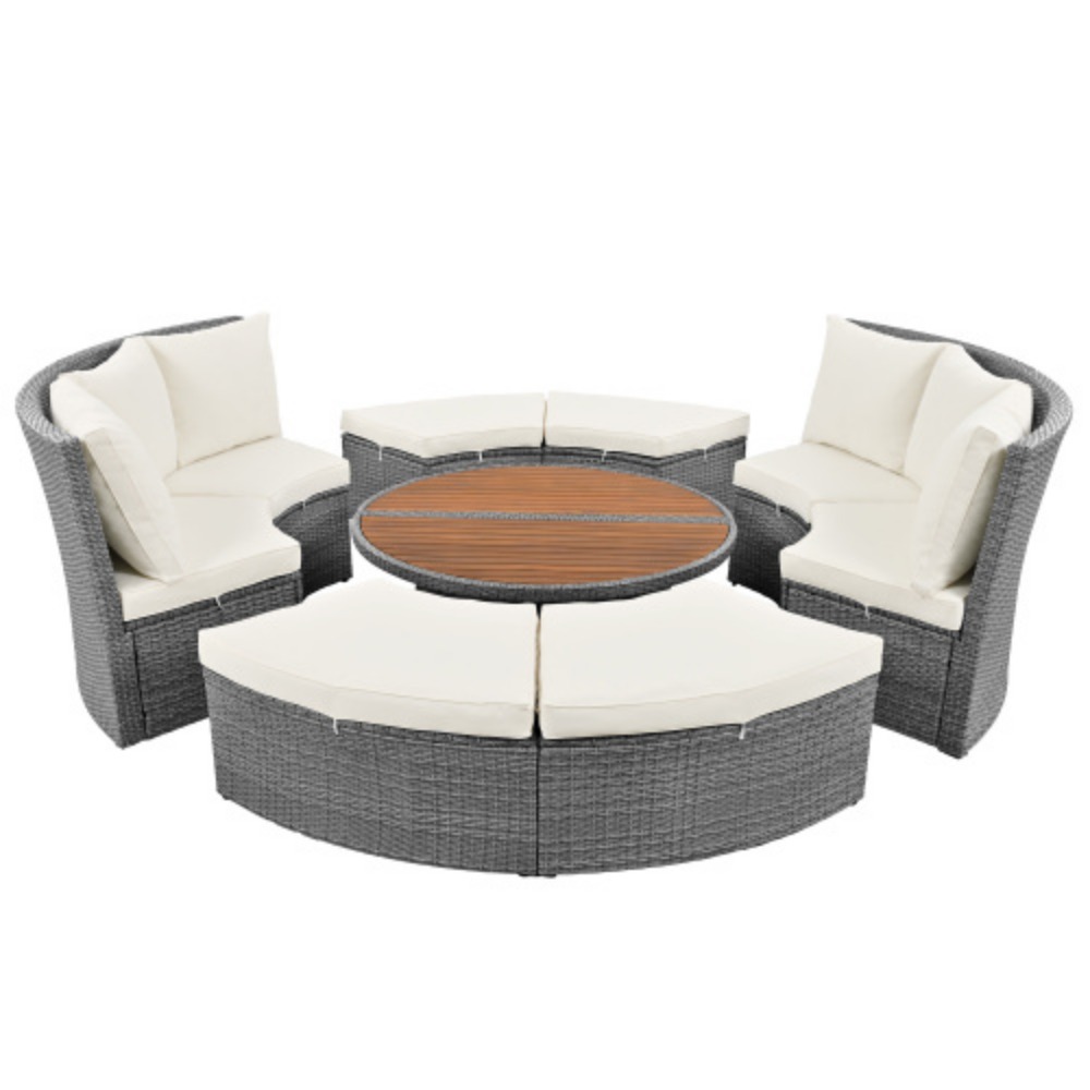 TOPMAX Patio 5-Piece Round Rattan Sectional Sofa Set All-Weather PE Wicker Sunbed Daybed with Round Liftable Table and Washable Cushions for Outdoor Backyard Poolside Beige + Rattan + Foam