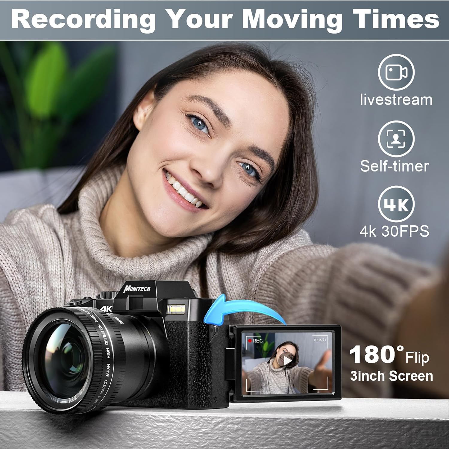 Mo 4K Digital Cameras for Photography, 48 MP Vlogging Camera for YouTube with 180° Flip Screen,16X Digital Zoom,Flash & Autofocus,52mm Wide Angle & Macro Lens,2 Batteries,32GB SD Card(S100 Black)