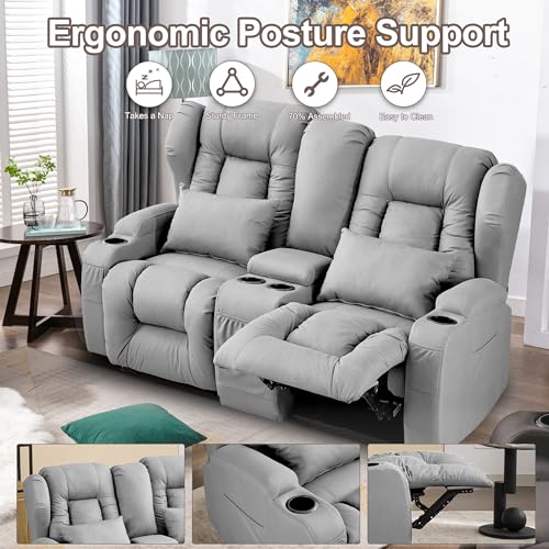 Loveseat Recliner Sofa, Manual Reclining Home Theater Seating with Console, RV Double Recliner with Cup Holders and Side Pocket for Living Room, Beige
