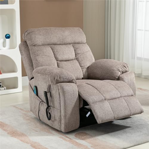 Light Grey Recliner Chair for Elderly | Tall and Big Man 400lbs | Chenille | Power Lift, Lay Flat, Stand Up, Wireless Charging Device, Extended Footrest, Massage Heat, Cup Holder, Lumbar Pillow