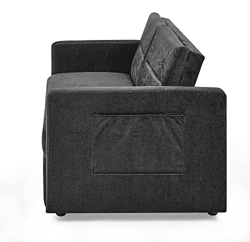 Couch with Adjustable Back and Two Arm Pocket Chenille Fabric Convertible Sofa, Sleeper Bed for Living Room Apartment Lounge, Grey