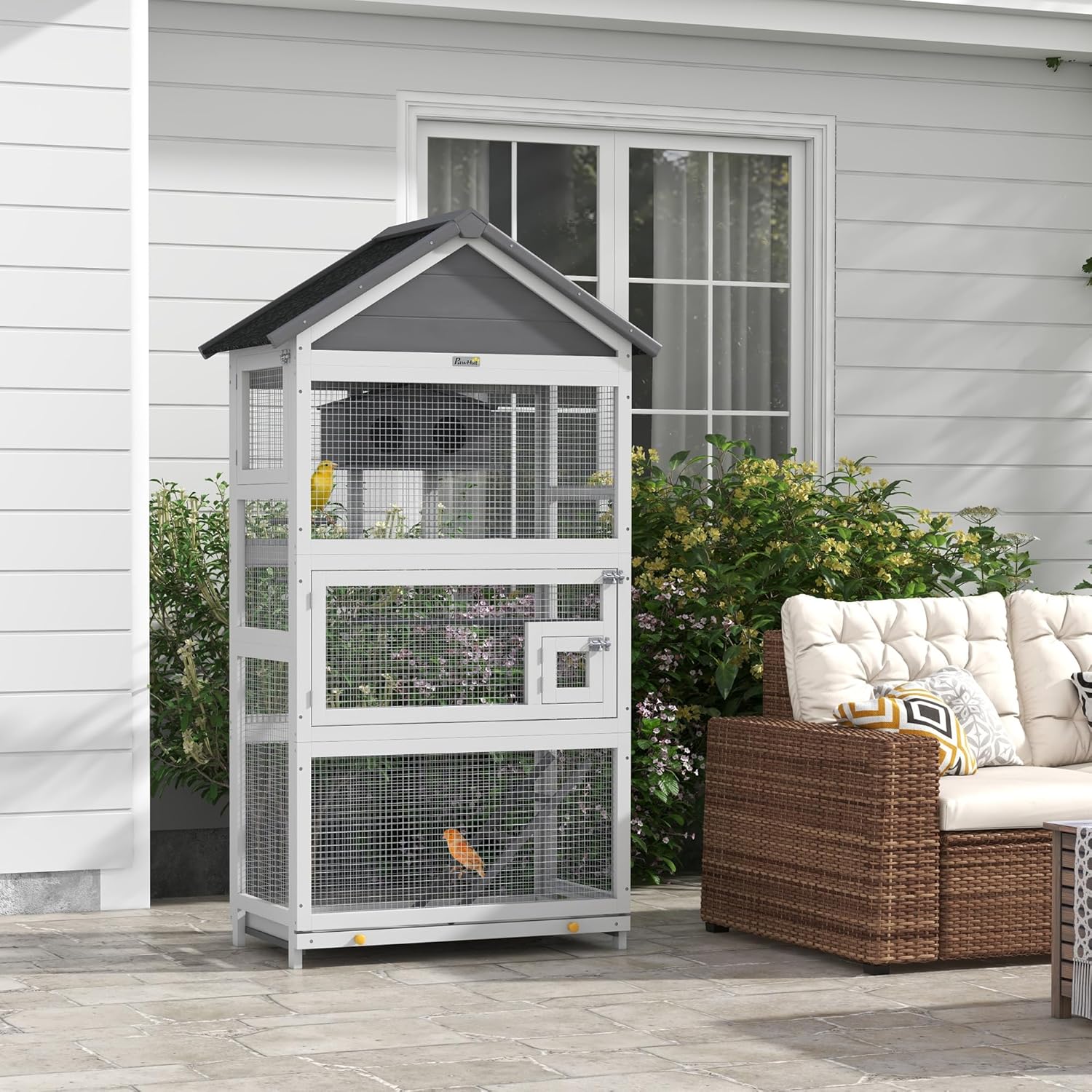 PawHut Wooden Bird Aviary, 67" Outdoor Bird Cage with Slide-Out Tray, Three Doors, Birdhouse, Ladder, Perches for Finches, Parakeets, Gray