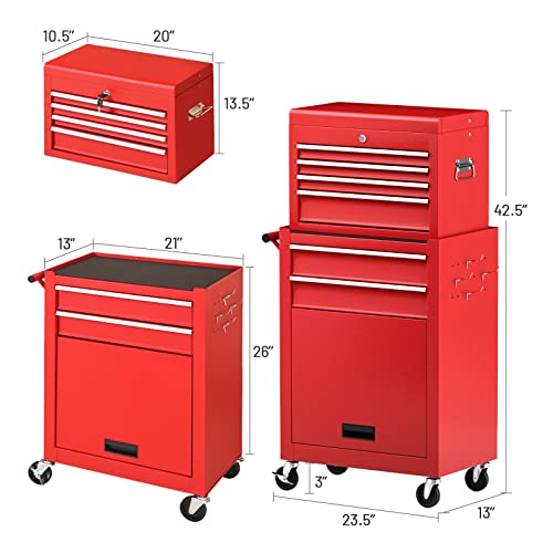 ERGOMASTER Rolling Tool Chest - Heavy Duty Material & Lockable Top-Box & Storage Cabinet for Garage and Workshop - 5-Drawer Tool Box & Multi
