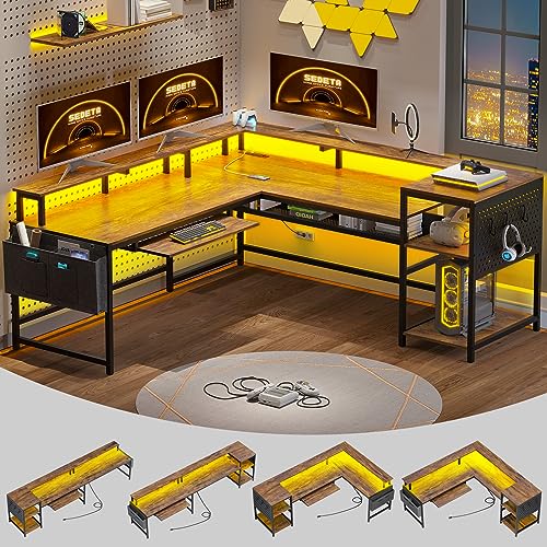 SEDETA L Shaped Gaming Desk, Reversible Computer Desk, Gaming Desk with Power Outlets & LED Strip, Monitor Shelf, Keyboard Tray, Pegboard and Storage Shelves for Home Office, Black