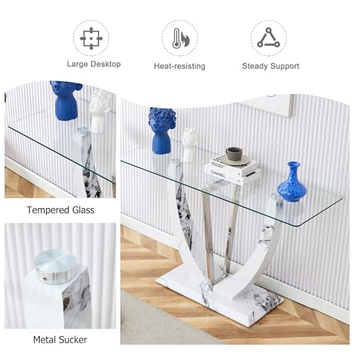Glass Console Entryway Table, 50 inch Clear Glass Narrow Long Sofa Table, Modern Accent Table for Living Room, Entrance Table with Wood Grain U-shape Base and Metal Frame