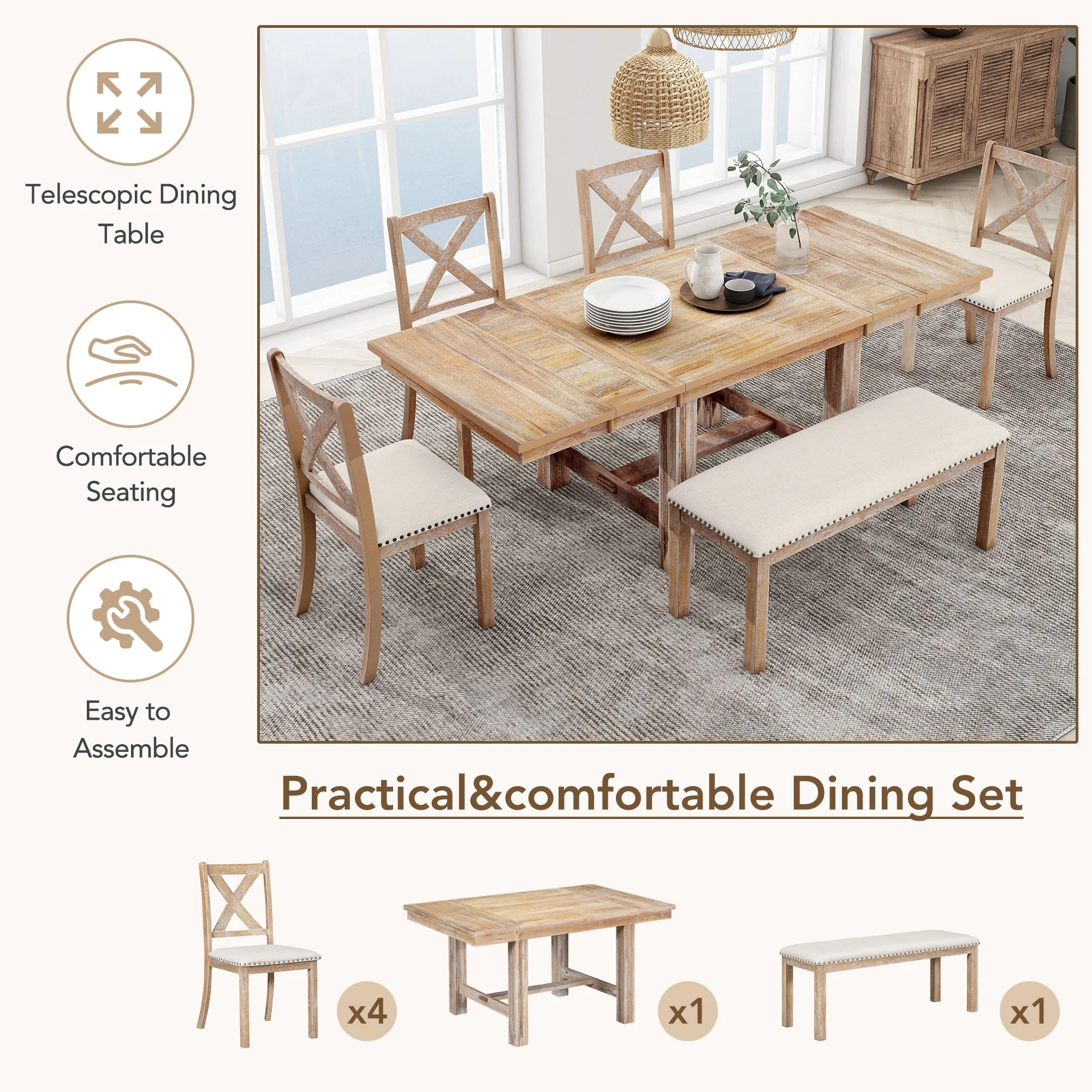 Churanty Farmhouse Extendable Dining Table Set for 6, Solid Wood Rectangular Kitchen Table Set with Removable Leaf,4 Upholstered Chairs and Bench, Natural