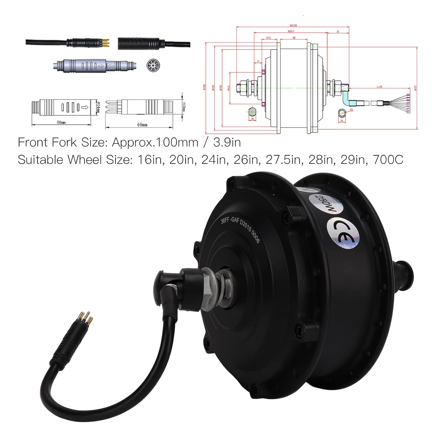 Electric Bicycle Hub Motor, 36V 250W Waterproof Front Wheel Ebike Conversion Motor Kit with 3 Riding Modes, 25-28km/h Brushless Gear Drive for Bike Upgrade Parts