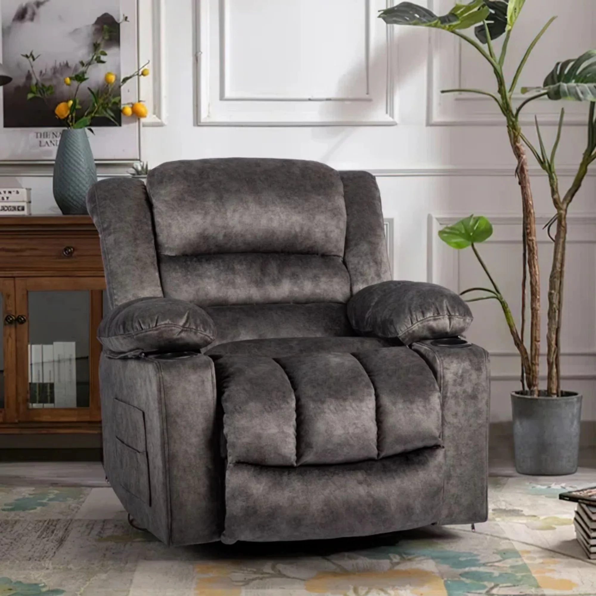 Colerline 36.61" Wide Super Soft and Oversize Modern Designed Velvet Upholstered Heating & Massage Swivel Reclining Chair with Cupholders for Living Room, Bedroom, Gray