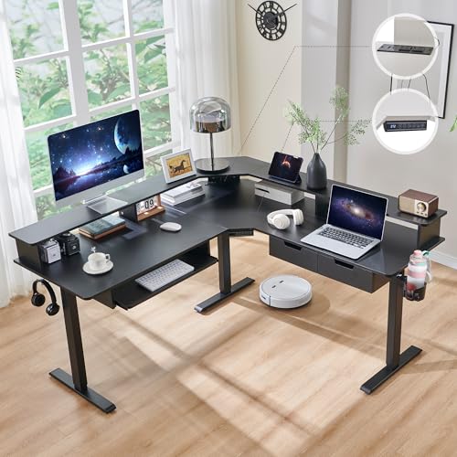 RedLemon 60 Inches L Shaped Electric Standing Desk,Height Adjustable Corner Gaming Desk with Drawers, Keyboard Tray, Power Outlets & LED Lights, Comnputer Desk with Monitor Shelf, Dark Rustic Oak