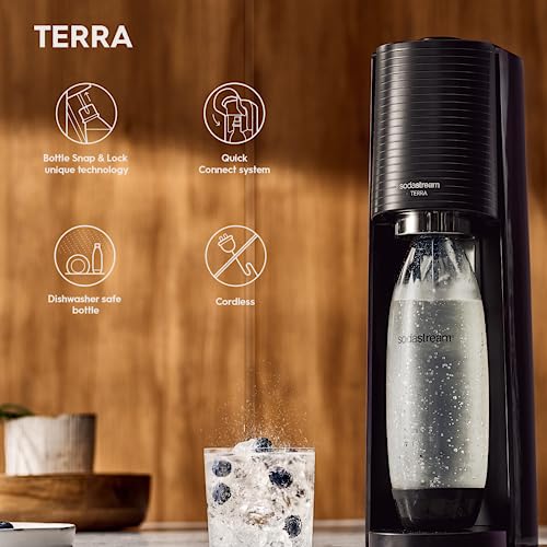 SodaStream Terra Sparkling Water Maker, Sparkling Water Machine & 1L Fizzy Water Bottle, Retro Drinks Maker w. BPA-Free Water Bottle & Quick Connect Co2 Gas Bottle for Home Carbonated Water - White