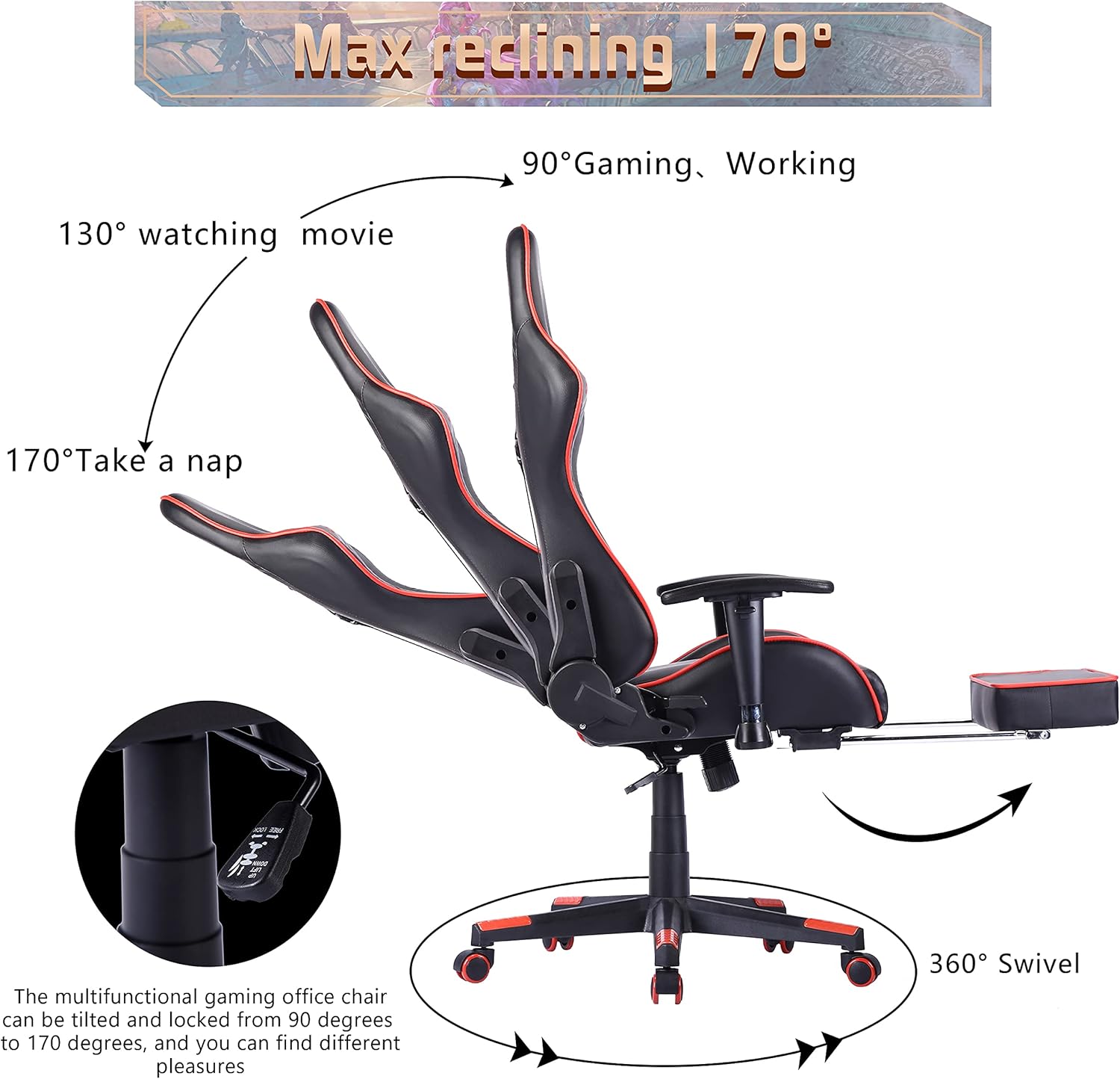 Gaming Chair,Racing Gaming Chair,Ergonomic Recliner Computer Game Chair,Height Adjustable Desk Chair,Backrest Support and High Back Design with 360&deg;-Swivel Seat for Executive Office or Gaming (RED)