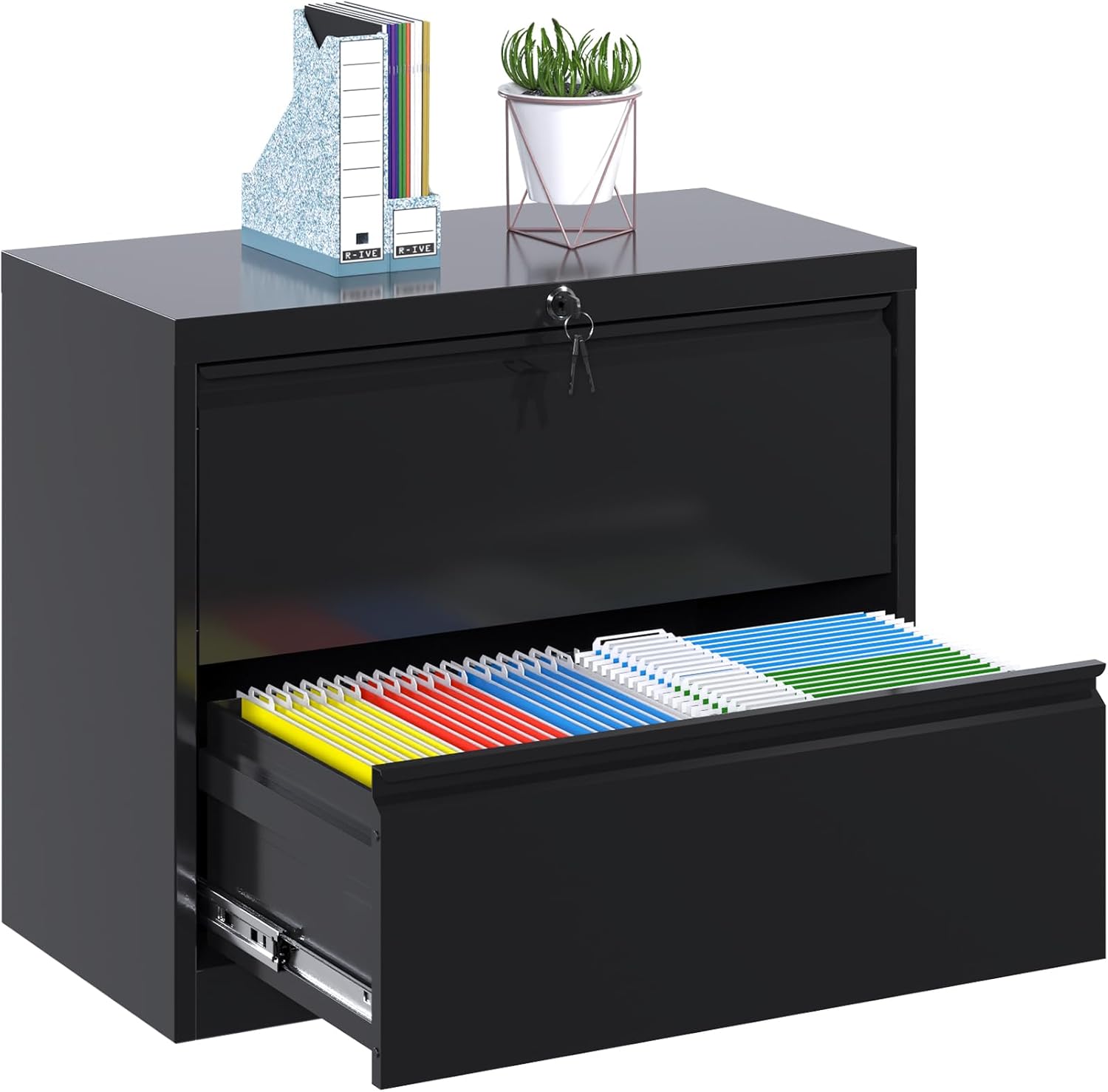 Metal Lateral File Cabinet, 2 Drawer Filing Cabinet with Lock, Ins Design Home Office Storage File Cabinet for Letter/Legal/A4 Size, Assembly Required