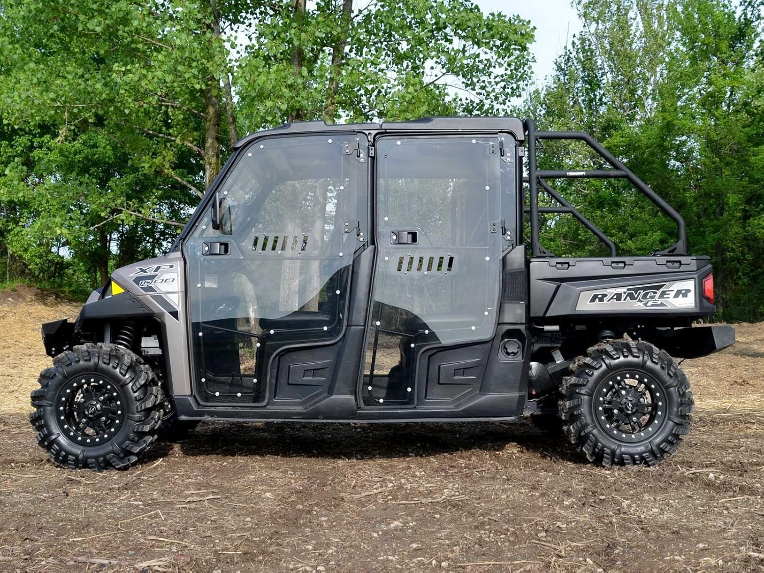 SuperATV Polaris Ranger Cab Enclosure Vented Doors (See Fitment) - Made of Lightly Tinted Scratch-Resistant 1/4 Thick Polycarbonate - Sliding Vents - Includes Bolt-On Side View Mirrors - Made in USA
