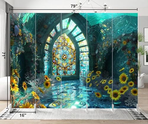 6 Panels Screen Room Divider Vibrant Sunflower Stained Glass White Washed Wall Decor Canvas Screen Indoor Folding Separator Freestanding Protective Wall Divider Privacy Partition