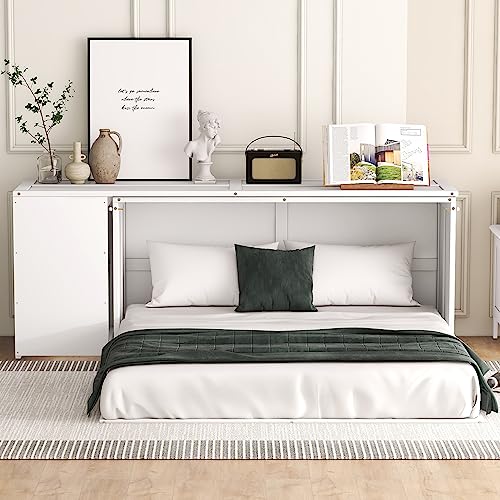 Queen Size Murphy Bed with Rotable Desk, Floor Low Murphy Bed with Desk, Wood Murphy Bed Folding Wall Bed for Home Office Small Room, White