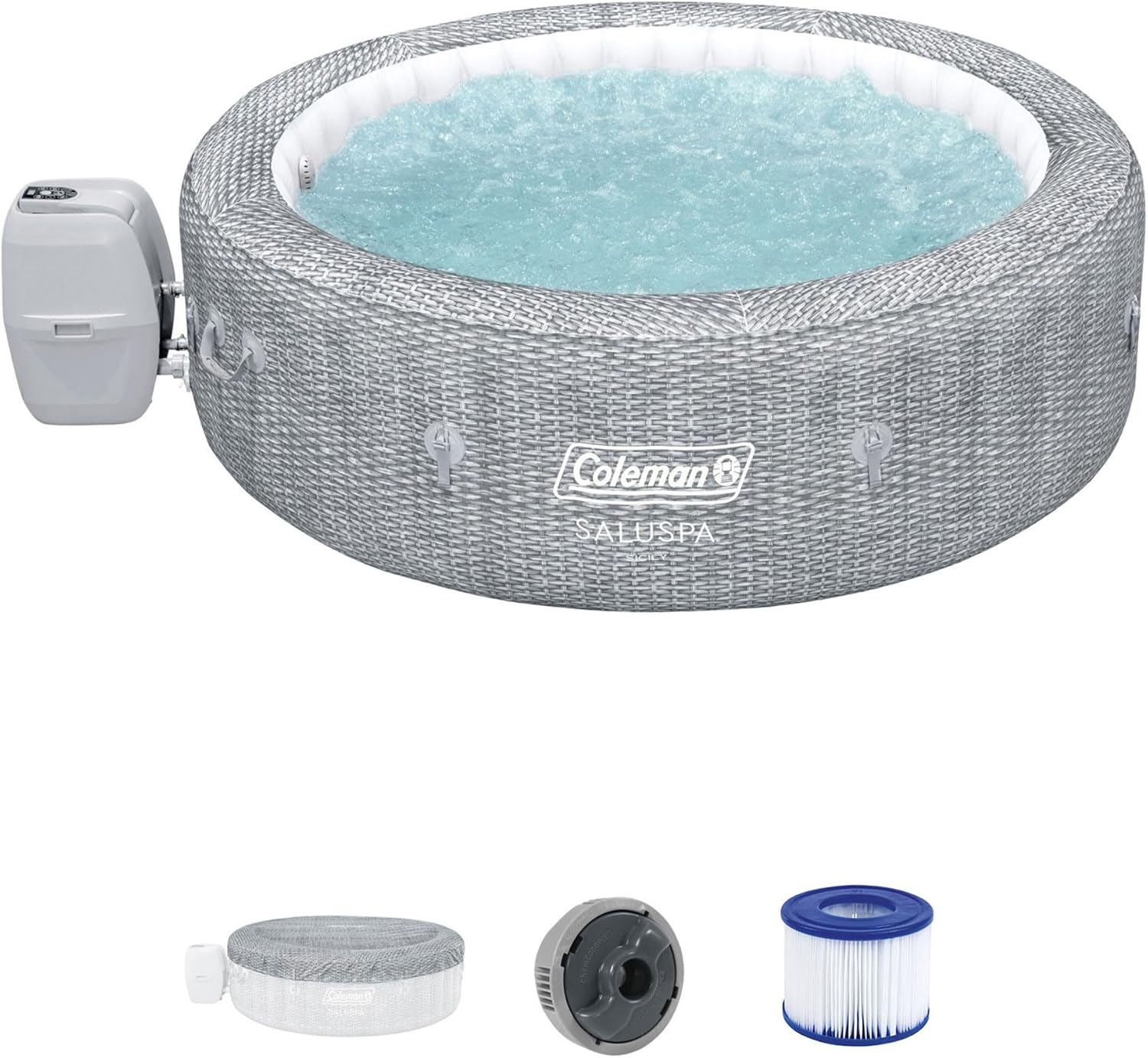 Bestway Coleman Sicily AirJet Inflatable Round Hot Tub with EnergySense Cover & 4 SaluSpa Underwater Non-Slip Pool Spa Seat with Adjustable Legs, Gray