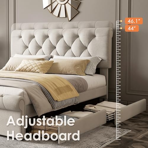 Bellemave Full Size Upholstered Bed Frame with 4 Drawers and Adjustable Headboard, Linen Platform Bed with Mattress Foundation Strong Wooden Slats Support, No Box Spring Needed, Beige