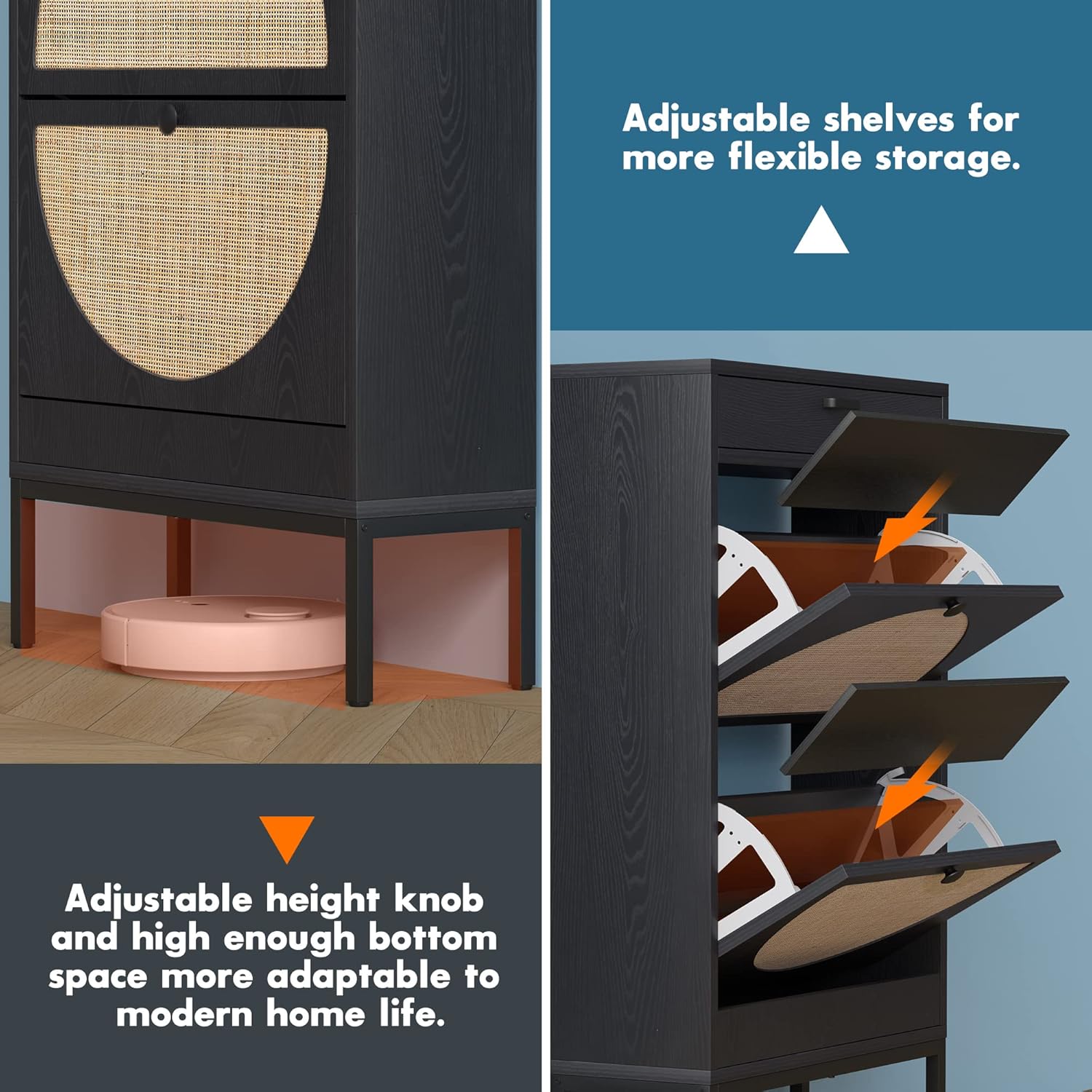 Brafab Shoe Cabinet, Shoe Rack Storage Organizer with 2 Flip Drawers, Natural Rattan Weave Shoe Storage Cabinet for Sneakers, Slippers (Black,2 Pieces)