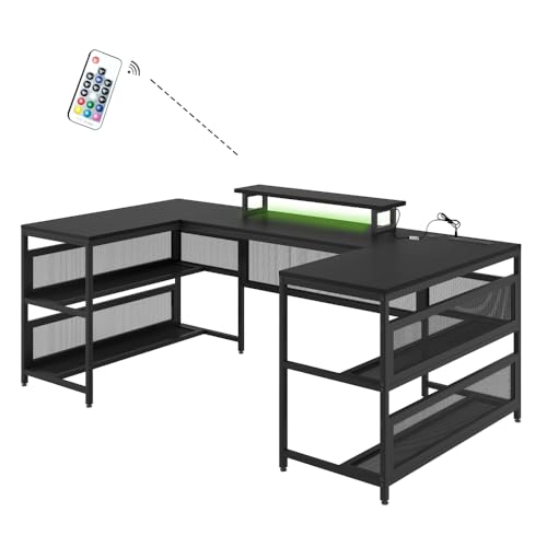 U Shaped Desk with Shelve & LED Lights, 82" Reversible L Shaped Desk with Drawers, 2 Person Corner Computer Desk Home Office Desk Gaming Table with Monitor Stand & Storage Shelves (Black + MDF)
