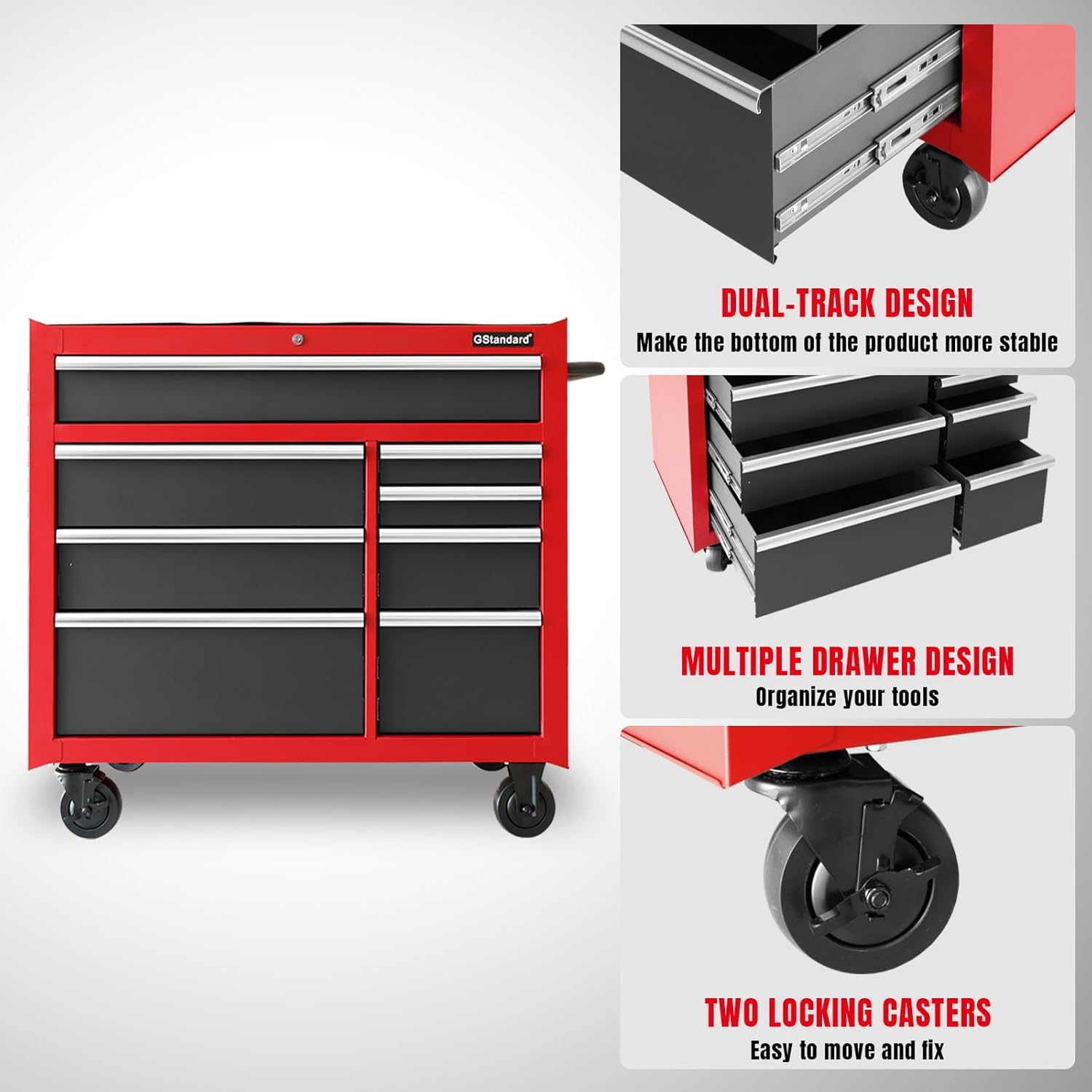 41-Inch Combo-11 Drawers,20-22 Gauge Steel Storage, Perfect for Organizing Your Garage,Warehouse,Or Workshop Heavy-Duty Tool Chest and Cabinet, Black/Red