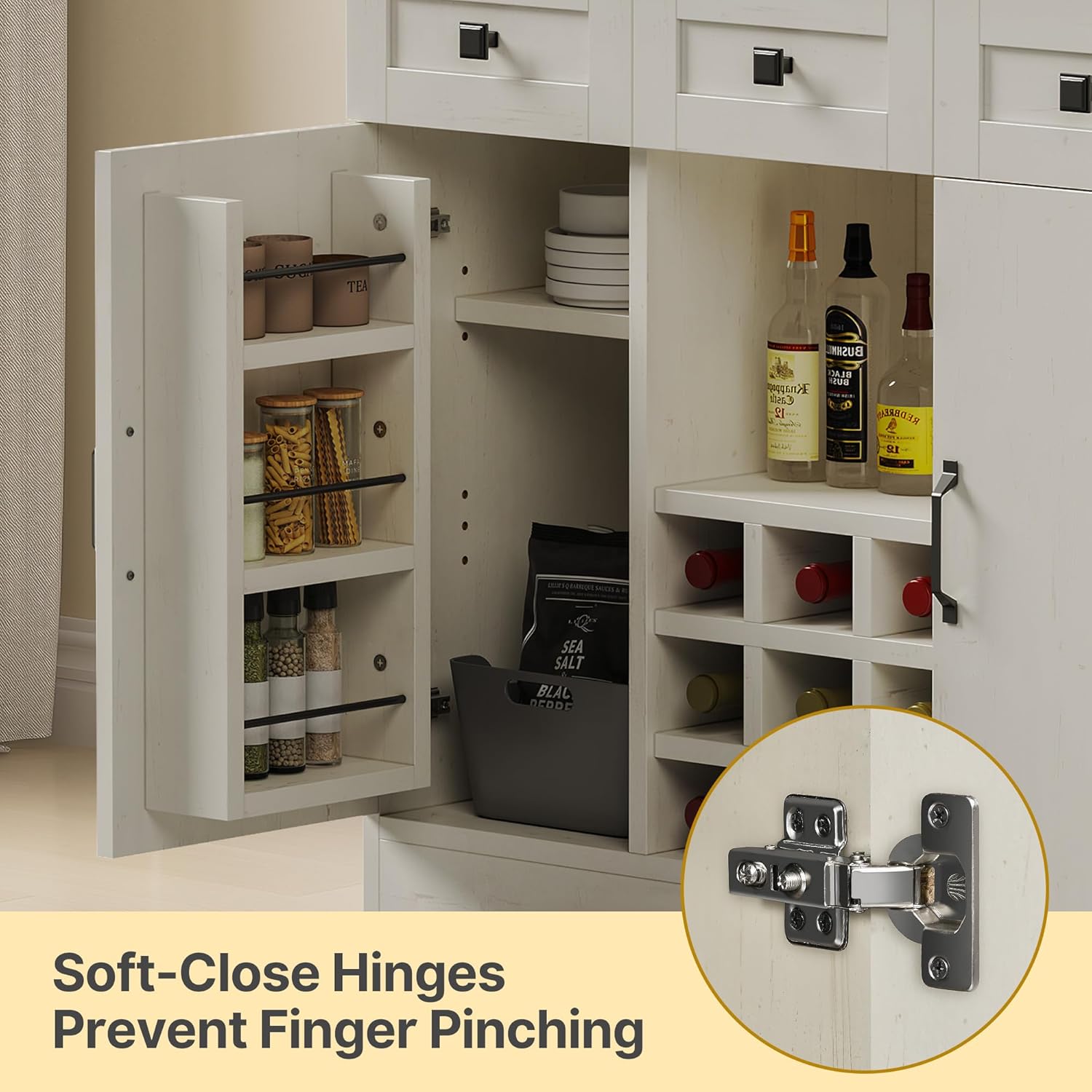 DWVO Farmhouse Kitchen Pantry Cabinet with Power Outlet, 72 Inch Buffet Cabinet with Storage Shelves and 3 Drawers, Pantry Cupboard for Kitchen, Living Room and Dining Room, Antique White
