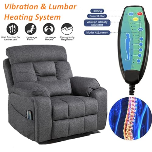 Light Grey Recliner Chair for Elderly | Tall and Big Man 400lbs | Chenille | Power Lift, Lay Flat, Stand Up, Wireless Charging Device, Extended Footrest, Massage Heat, Cup Holder, Lumbar Pillow