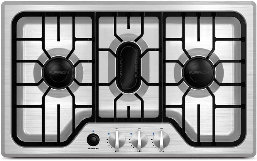 Furrion 7500BTU RV Chef Collection Gas Cooktop with 3x Gas Burners; Pulse Ignition and Cast Iron Grate (Stainless Steel) - FGH4ZSA-SS