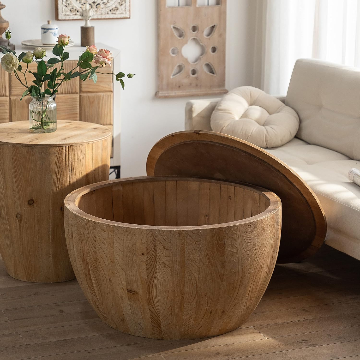 Round Wood Coffee Table End Table Side Table Set of 2 with Storage for Living Room, Modern Farmhouse Bucket Shaped Drum Coffee Table for Living Room Apartment, 2-Pcs