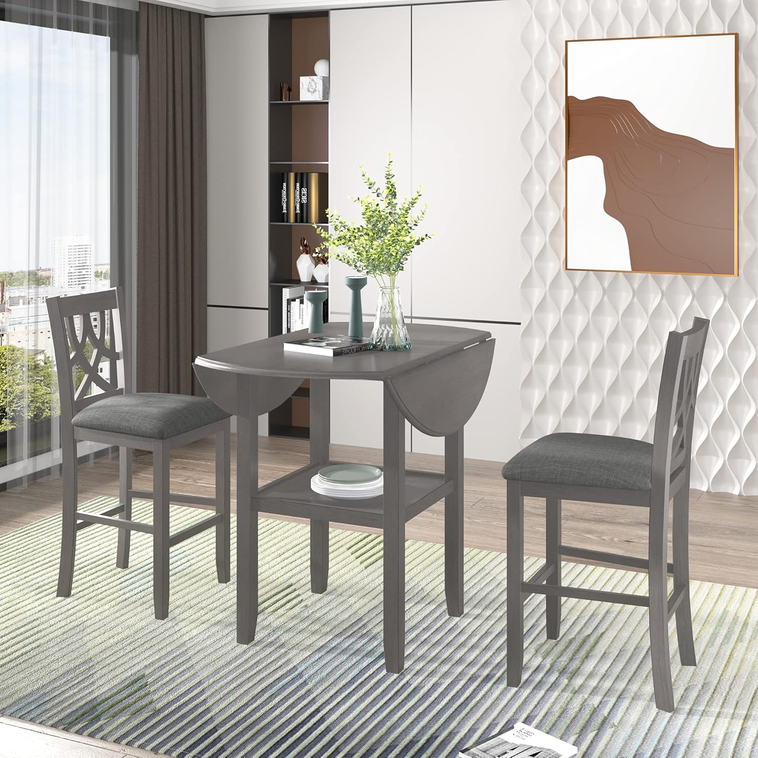 LUMISOL Farmhouse 3 Piece Round Counter Height Kitchen Dining Table Set with Drop Leaf Table, 1 Shelf and 2 Cross Back Padded Chairs for Small Places, Gray