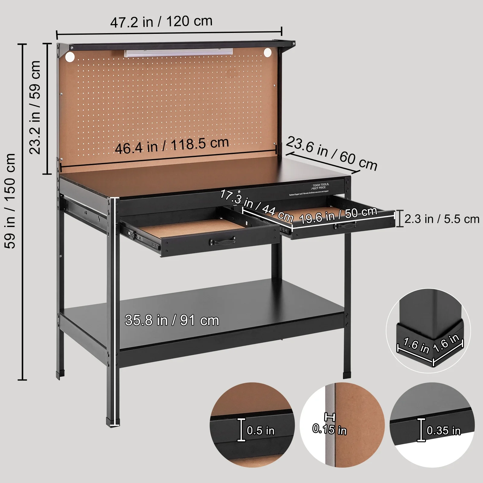 BENTISM Multifunctional Workbench 48x24" with Pegboard Worktable w/ Power Outlets, A3 Steel Work Bench For Garage max. 1500W Heavy Duty Workbench 220lbs Weight Capacity
