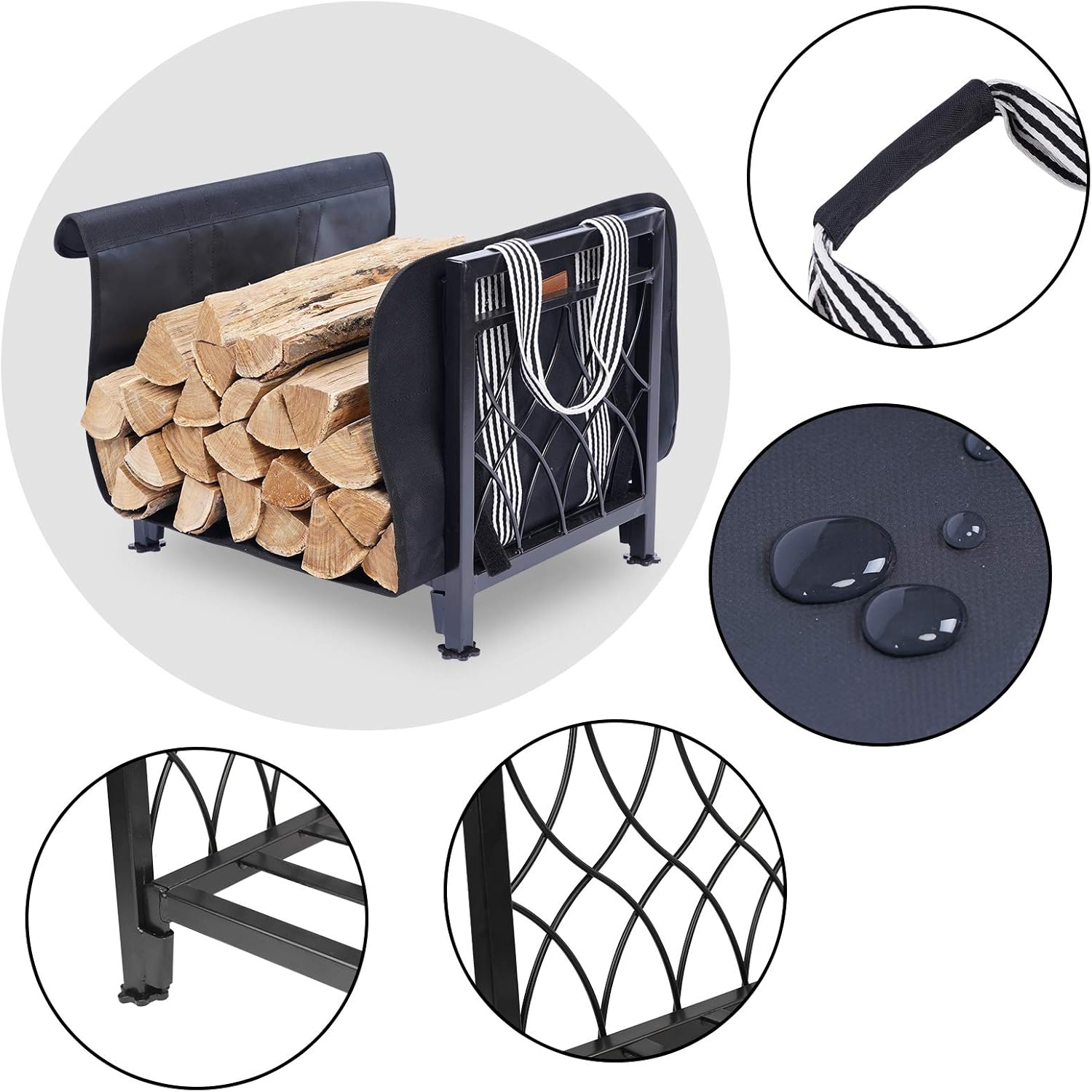 MYFIREPLACEDIRECT Firewood Rack with Log Bag 19 Inch Fireplace Log Holder Indoor Indoor/Outdoor Wood Storage Log Rack Decorative Heavy Duty Steel Firewood Carrier Stove Stacking Rack…