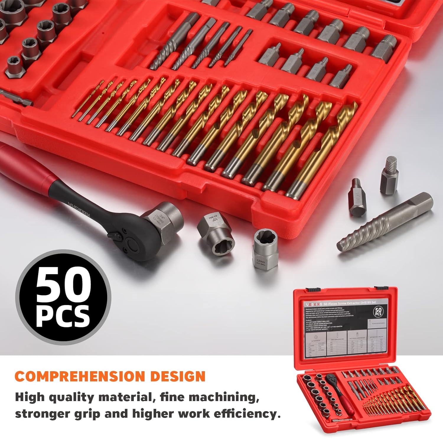 YESKING 50-Piece Screw Extractor and Drill Bit Set, Multi-Spline Extractors, Bolt extractors, Drill Bits and Stripped Nut Remover for Removing Broken Studs, Bolts, Socket Screws, and Fittings