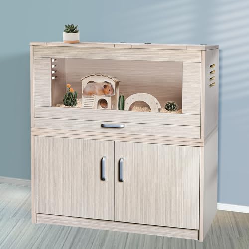 Hamster Cage with Storage Cabinet Small Animal Cage, Easy View Acrylic Panels, Large Habitat for Hedgehog Gerbil & Rat 31.5" Lx 15.75" x 32.28" (Teak)