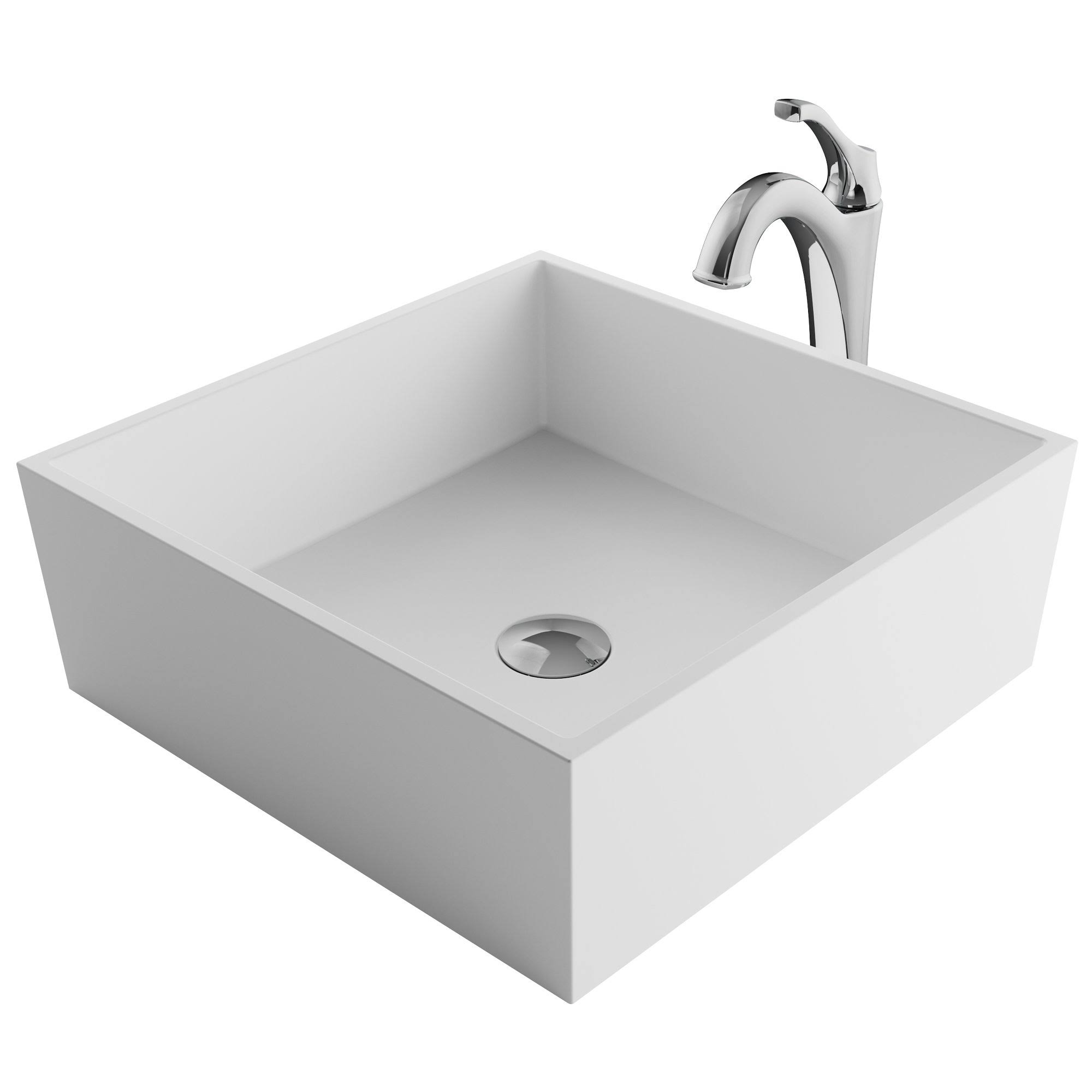 Kraus C-KSV-5MW-1200SFS Natura Series 16 4/5x22 White Matte Solid Surface Square Bathroom Vessel Sink and Spot Free Arlo Faucet