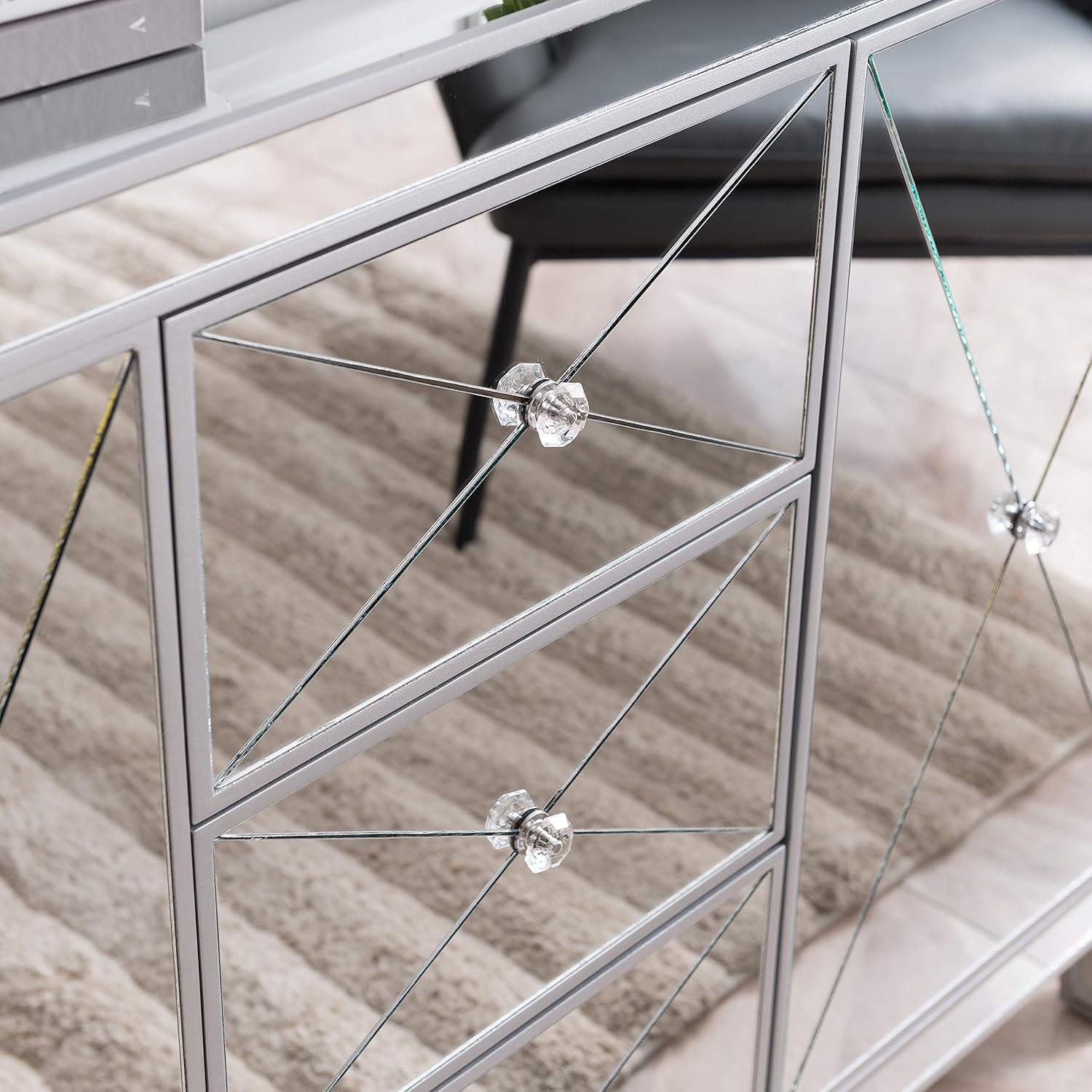 SEI Furniture Mirage Mirrored 3 Drawers, Faux Crystal Knobs, and Matte Silver Trim Cabinet