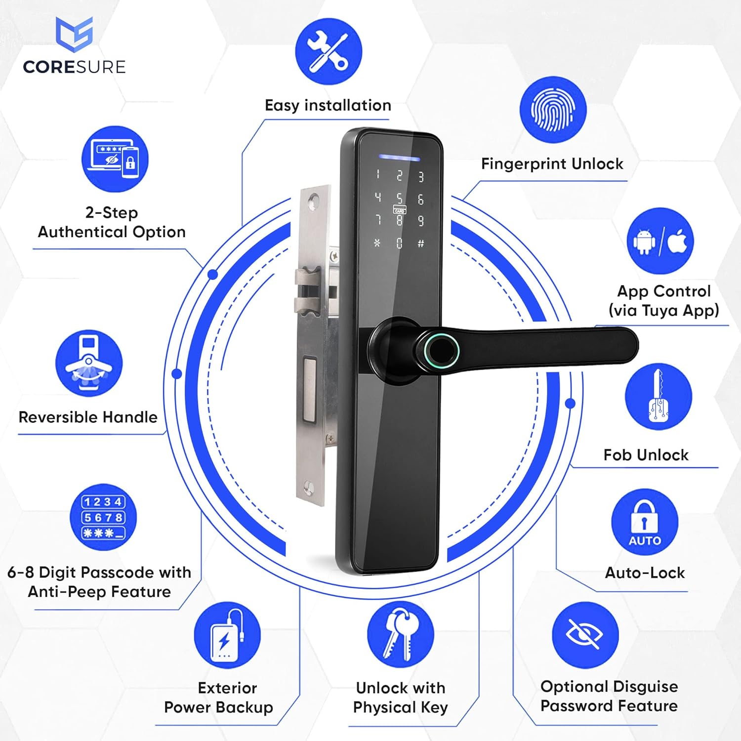 CoreSure Smart Keyless Entry Door Lock - Fingerprint Electronic Deadbolt Door Lock, Auto Locking, Smart Door Lock and Password Card - Compatible with Tuya Smart Home App for Remote Access