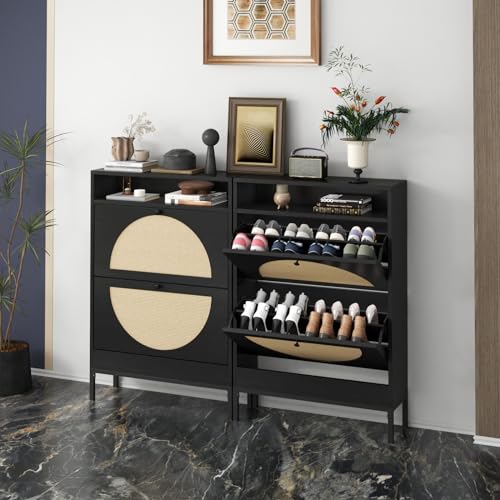 Rattan Shoe Cabinet, Shoe Storage Cabinet with 2 Flip Drawers, Hidden Shoe Storage, Slim Shoe Closet, Sneaker Storage, Shoe Organizer for Entryway, Hallway, Living Room,Black