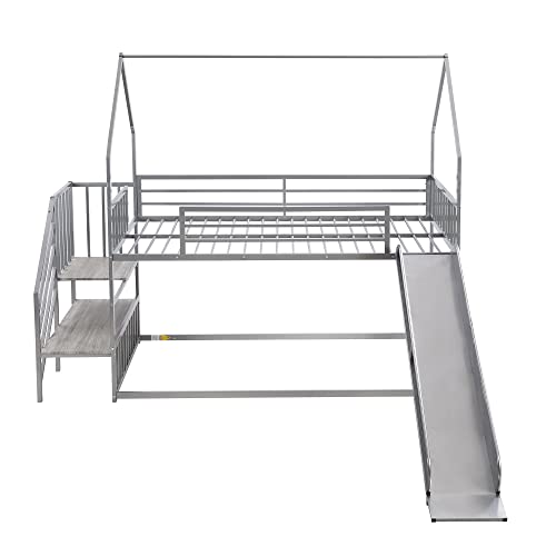 Twin Over Twin Bunk Bed with Slide, Metal Bunk Bed with Storage Staircase and House Roof, Twin Size Low Bunk Bed Frame for Kids Teens Boys Girls, Space Saving, No Box Spring Needed, Sliver